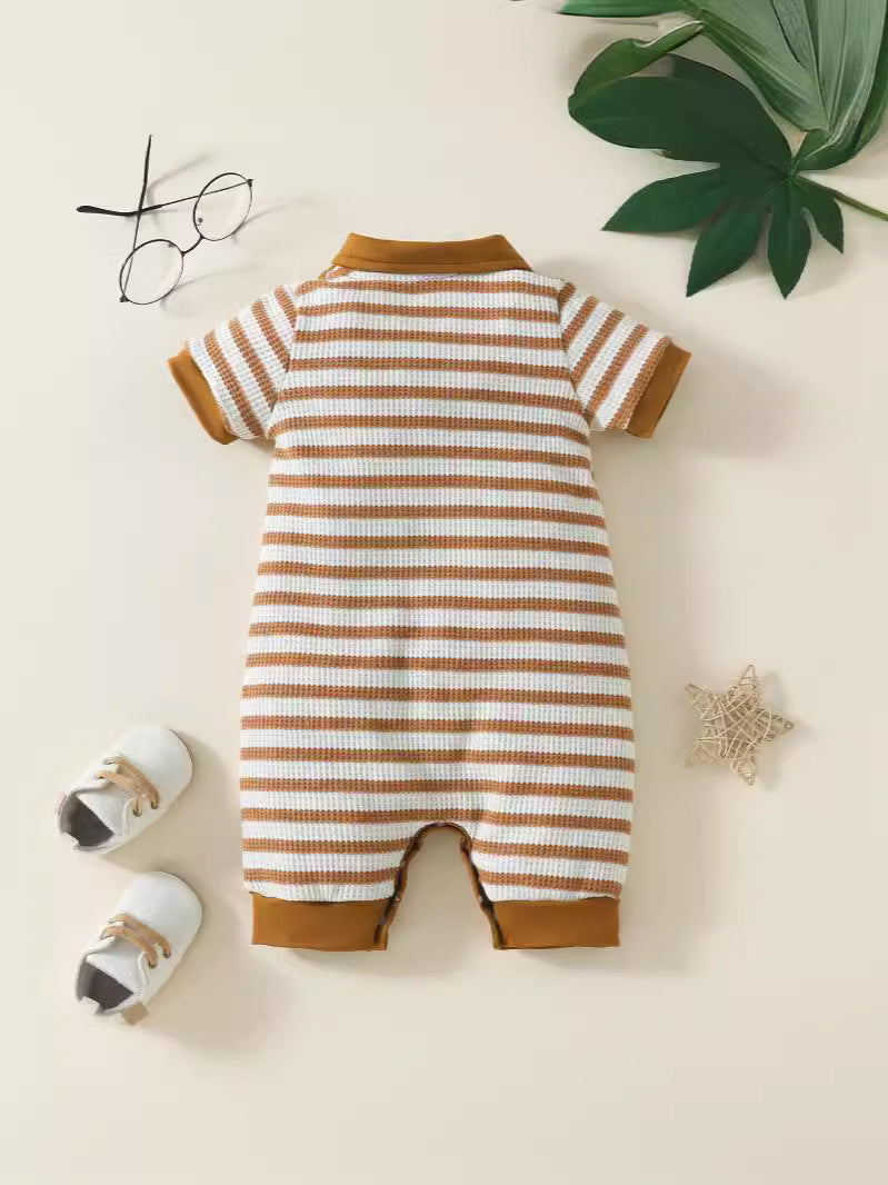 Baby Boy Waffle Strip Short Sleeve Rompers