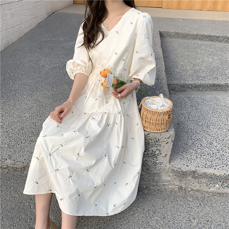 Summer Embroidered Mid-Length High Waist Maternity Dress