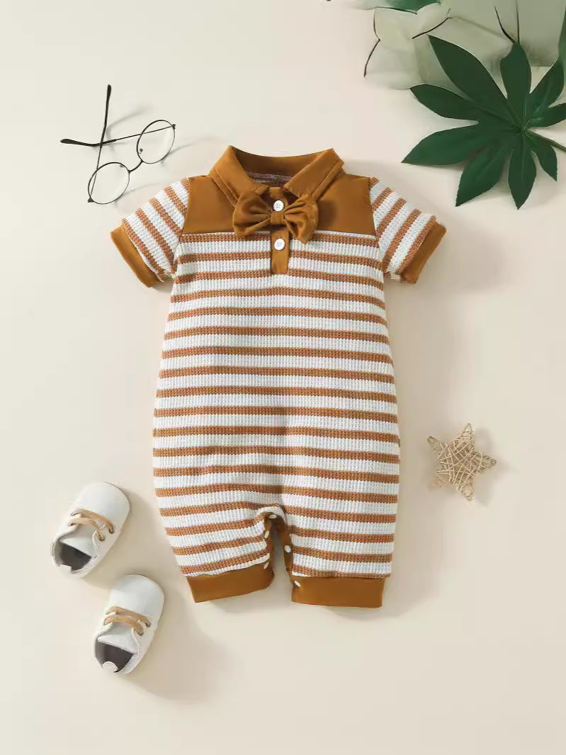 Baby Boy Waffle Strip Short Sleeve Rompers