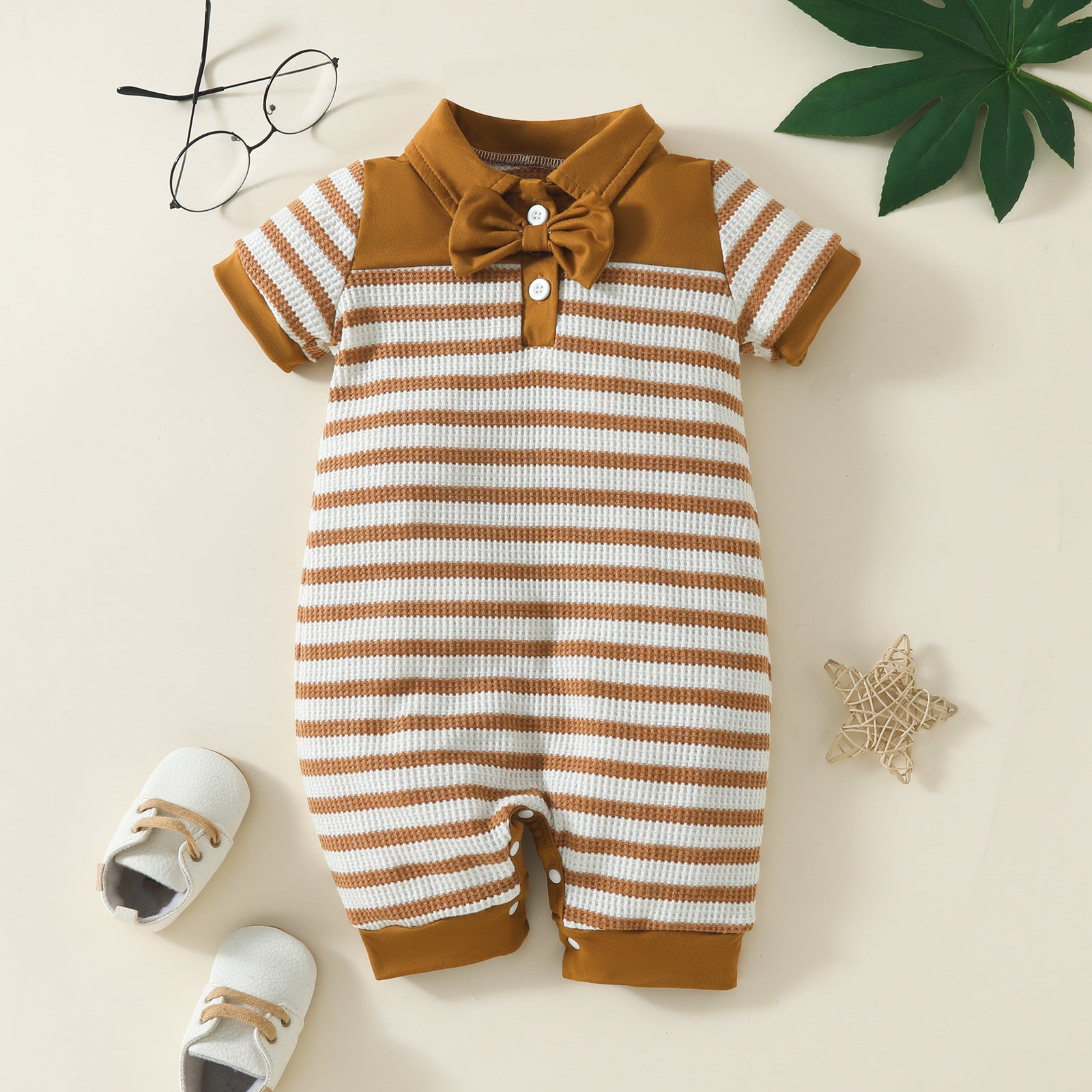 Baby Boy Waffle Strip Short Sleeve Rompers